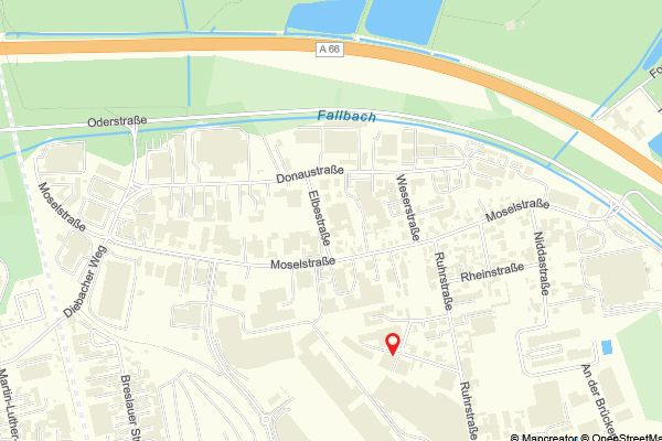 Skizzenhafte Karte mit 2 km Umkreis um Rentastics in Hanau